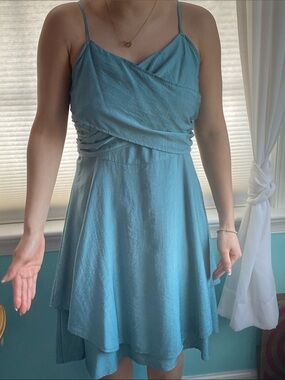 Soft Medium Green High-Low Layered Spaghetti Strap Dress- Linen look fabric - 6